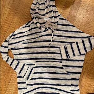 Enti brand Navy and White Striped Women's Sweater with front pockets and hood.